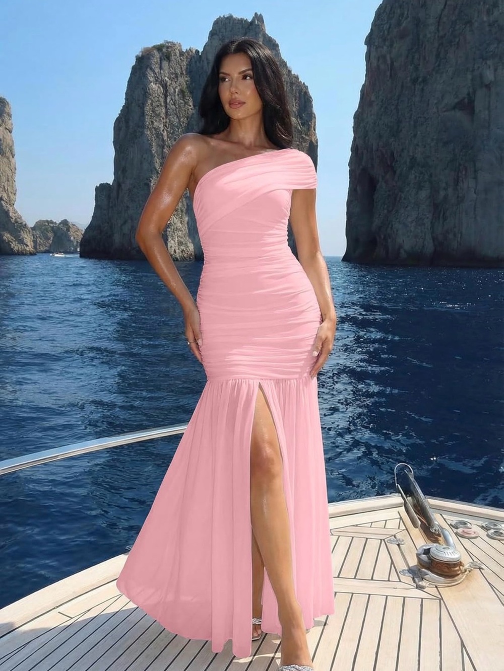 One-Shoulder Blush Pink Ruched Mermaid Gown